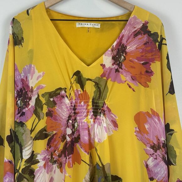 Trina Turk Mimosa Yellow Floral Print Shift Gentle Dress Small Resort Summer - Picture 5 of 11